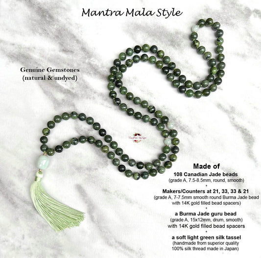 CANADIAN & BURMA JADE MALA – 108 Beads, Hand-knotted, Grade A Natural Gemstones