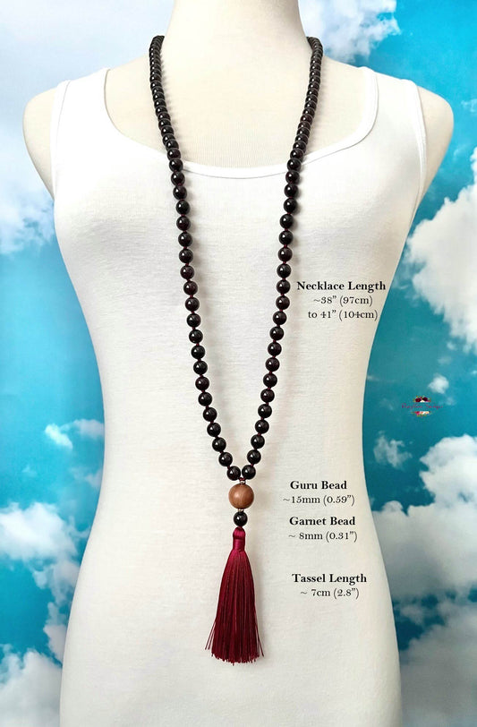 GARNET MALA | 108 Beads, Hand-knotted, Grade A Natural Garnet Gemstone Necklace with Sandalwood Guru Bead