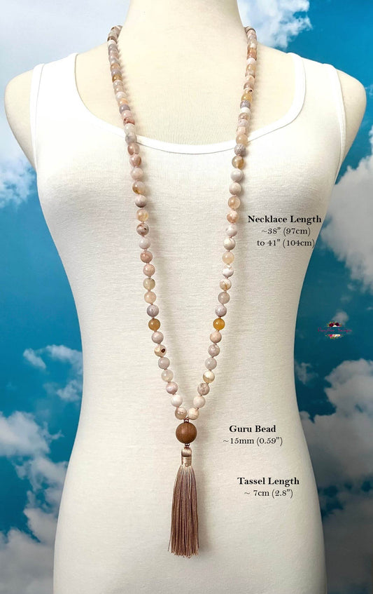 FLOWER AGATE MALA | 108 Beads, Hand-knotted, Grade A Natural Gemstone Necklace with Sandalwood Guru Bead