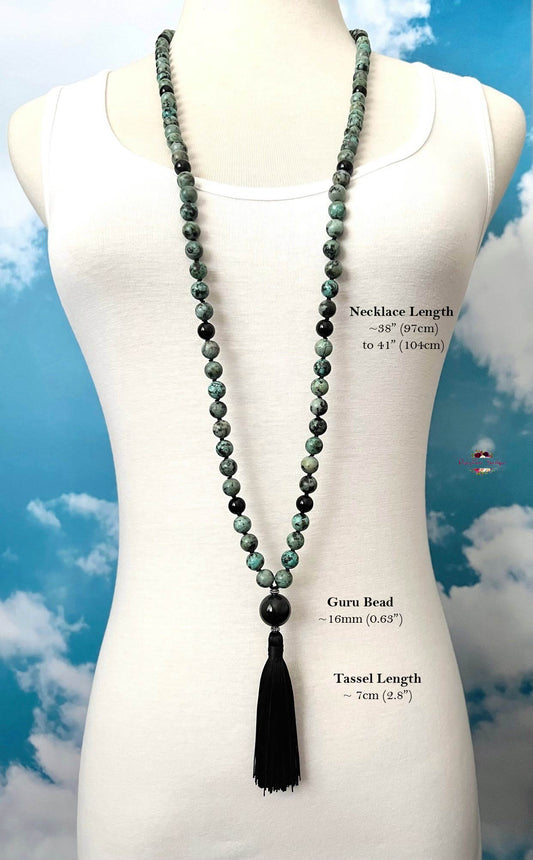 PROTECTION & TRANSFORMATION MALA | 108 Beads, Hand-knotted, Grade A African Turquoise & Grade AA Black Obsidian Necklace