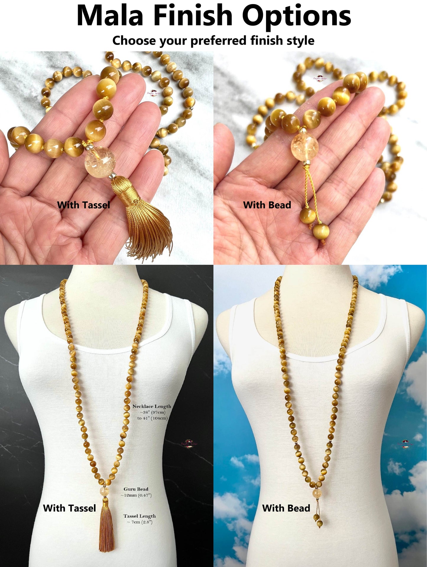HONEY TIGER EYE MALA | 108 Beads, Hand-knotted, Grade AA Natural Gemstone Necklace with Citrine Guru Bead
