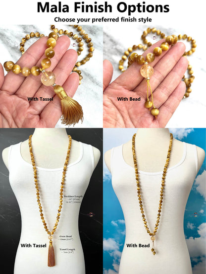 HONEY TIGER EYE MALA | 108 Beads, Hand-knotted, Grade AA Natural Gemstone Necklace with Citrine Guru Bead