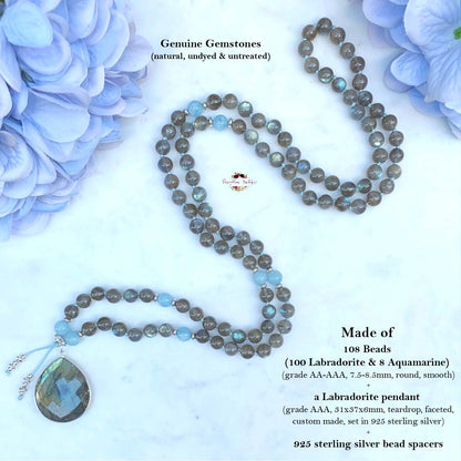 LABRADORITE & AQUAMARINE PENDANT MALA | 108 Beads, Hand-knotted, Grade AA-AAA Labradorite and Aquamarine Necklace