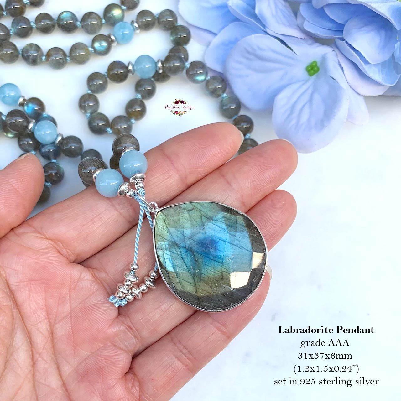 LABRADORITE & AQUAMARINE PENDANT MALA | 108 Beads, Hand-knotted, Grade AA-AAA Labradorite and Aquamarine Necklace