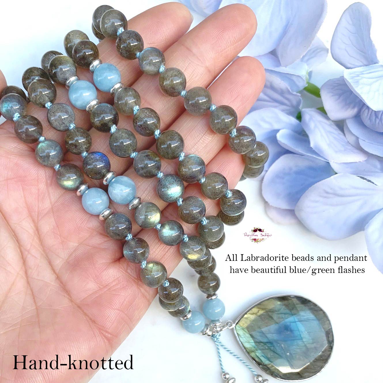 LABRADORITE & AQUAMARINE PENDANT MALA | 108 Beads, Hand-knotted, Grade AA-AAA Labradorite and Aquamarine Necklace