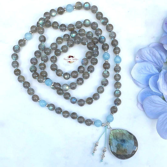 LABRADORITE & AQUAMARINE PENDANT MALA | 108 Beads, Hand-knotted, Grade AA-AAA Labradorite and Aquamarine Necklace