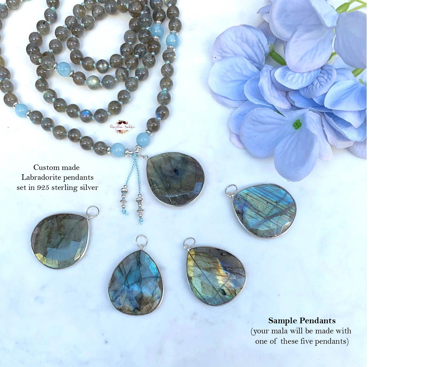 LABRADORITE & AQUAMARINE PENDANT MALA | 108 Beads, Hand-knotted, Grade AA-AAA Labradorite and Aquamarine Necklace