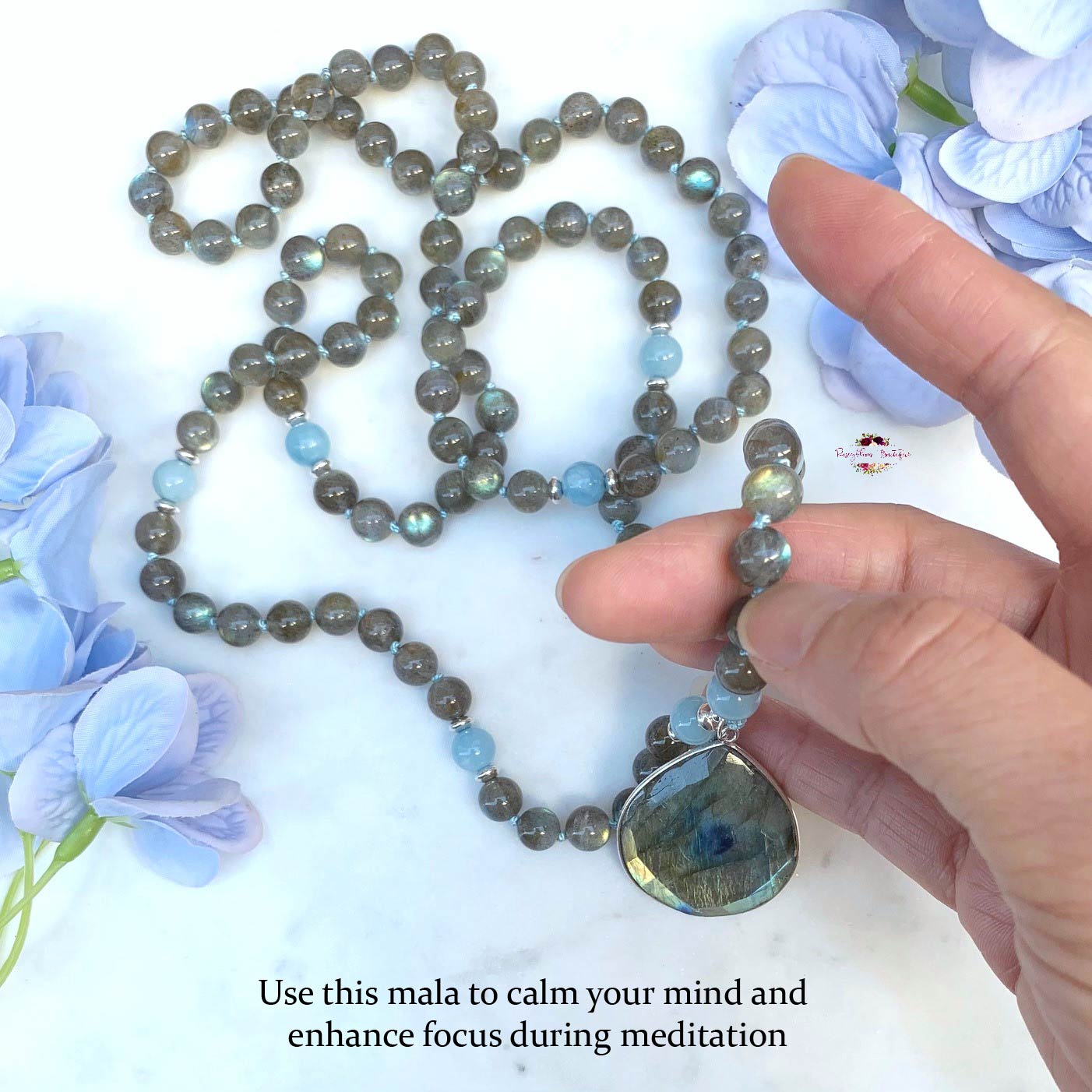 LABRADORITE & AQUAMARINE PENDANT MALA | 108 Beads, Hand-knotted, Grade AA-AAA Labradorite and Aquamarine Necklace