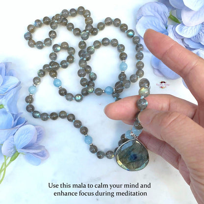 LABRADORITE & AQUAMARINE PENDANT MALA | 108 Beads, Hand-knotted, Grade AA-AAA Labradorite and Aquamarine Necklace