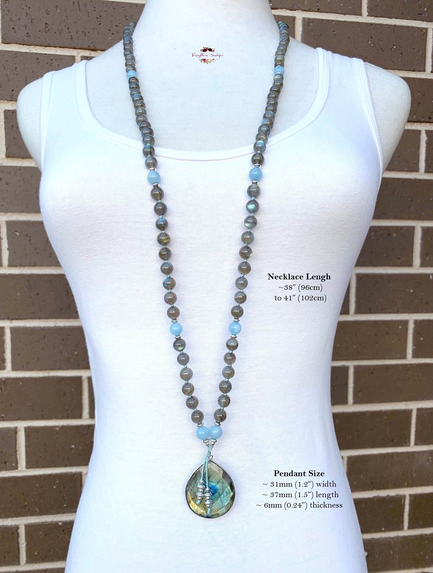 LABRADORITE & AQUAMARINE PENDANT MALA | 108 Beads, Hand-knotted, Grade AA-AAA Labradorite and Aquamarine Necklace