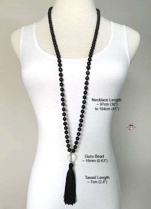 BLACK OBSIDIAN MALA | 108 Beads, Hand-knotted, Grade AA Natural Gemstone Necklace with Clear Quartz Guru Bead