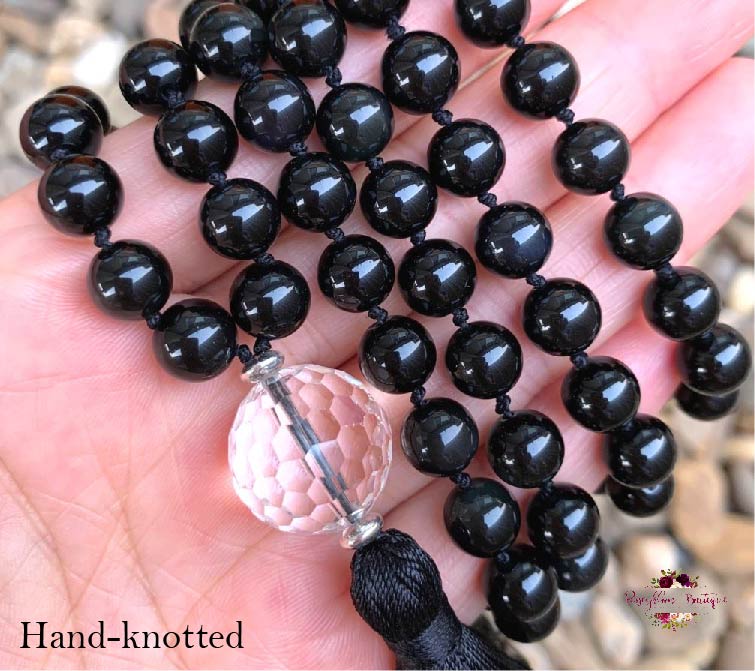 BLACK OBSIDIAN MALA | 108 Beads, Hand-knotted, Grade AA Natural Gemstone Necklace with Clear Quartz Guru Bead