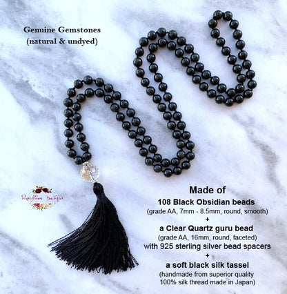 BLACK OBSIDIAN MALA | 108 Beads, Hand-knotted, Grade AA Natural Gemstone Necklace with Clear Quartz Guru Bead