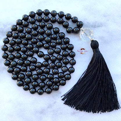BLACK OBSIDIAN MALA | 108 Beads, Hand-knotted, Grade AA Natural Gemstone Necklace with Clear Quartz Guru Bead
