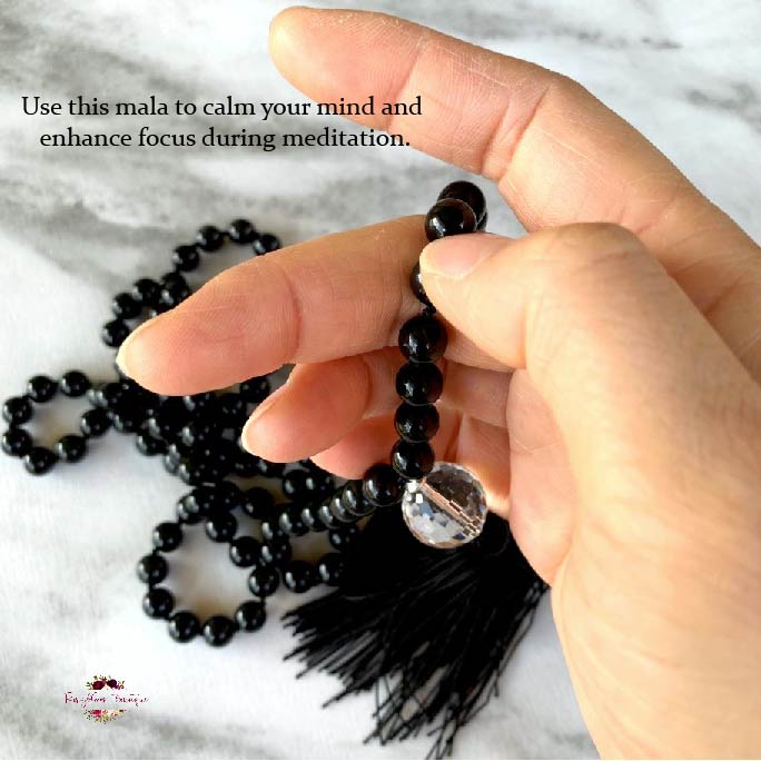 BLACK OBSIDIAN MALA | 108 Beads, Hand-knotted, Grade AA Natural Gemstone Necklace with Clear Quartz Guru Bead