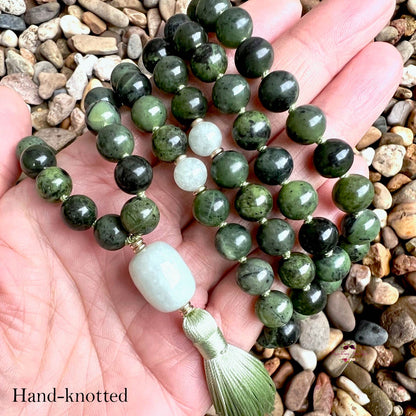 CANADIAN JADE & BURMA JADE MALA – 108 Beads, Hand-knotted, Grade A Natural Gemstones