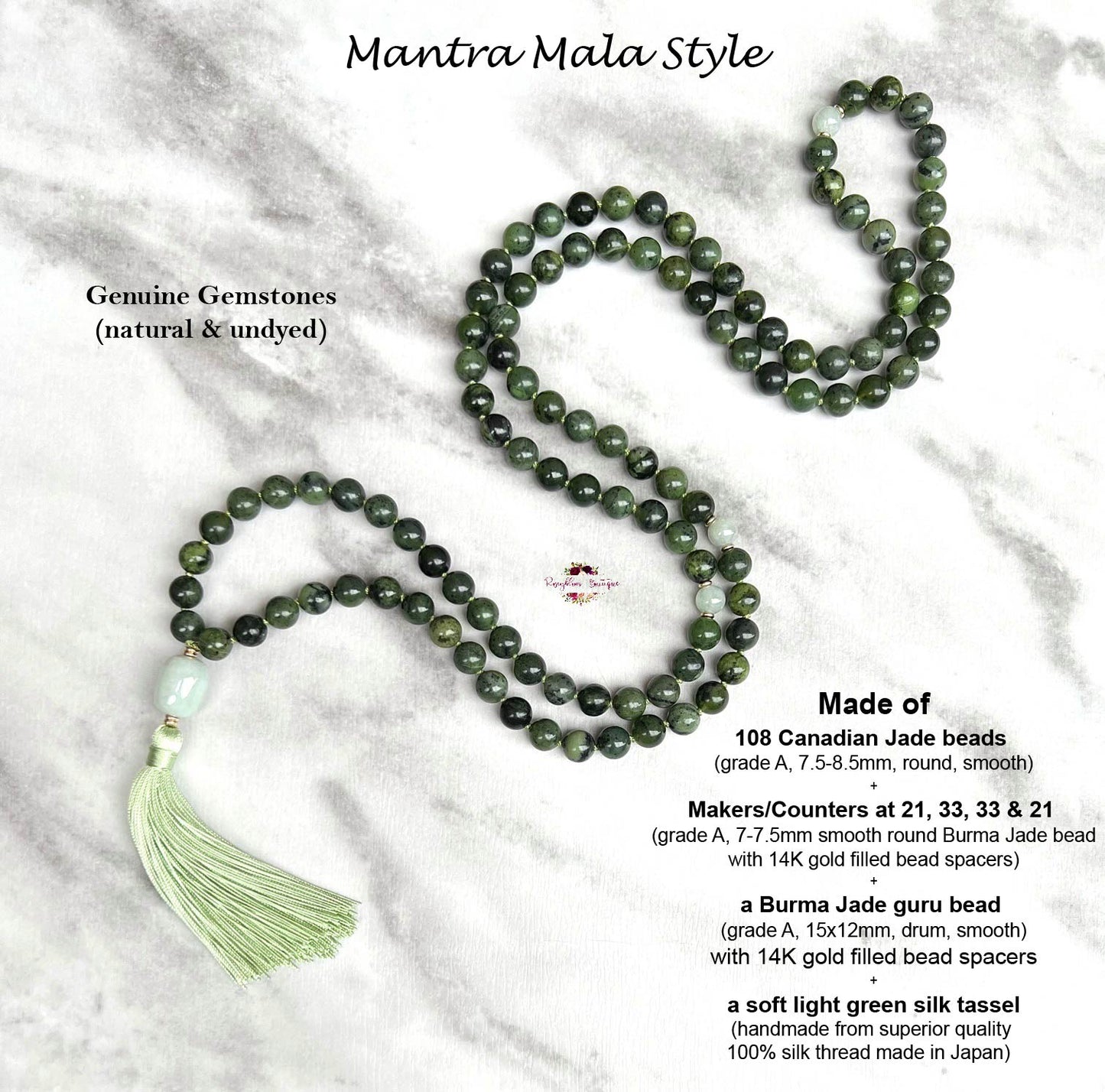CANADIAN JADE & BURMA JADE MALA – 108 Beads, Hand-knotted, Grade A Natural Gemstones