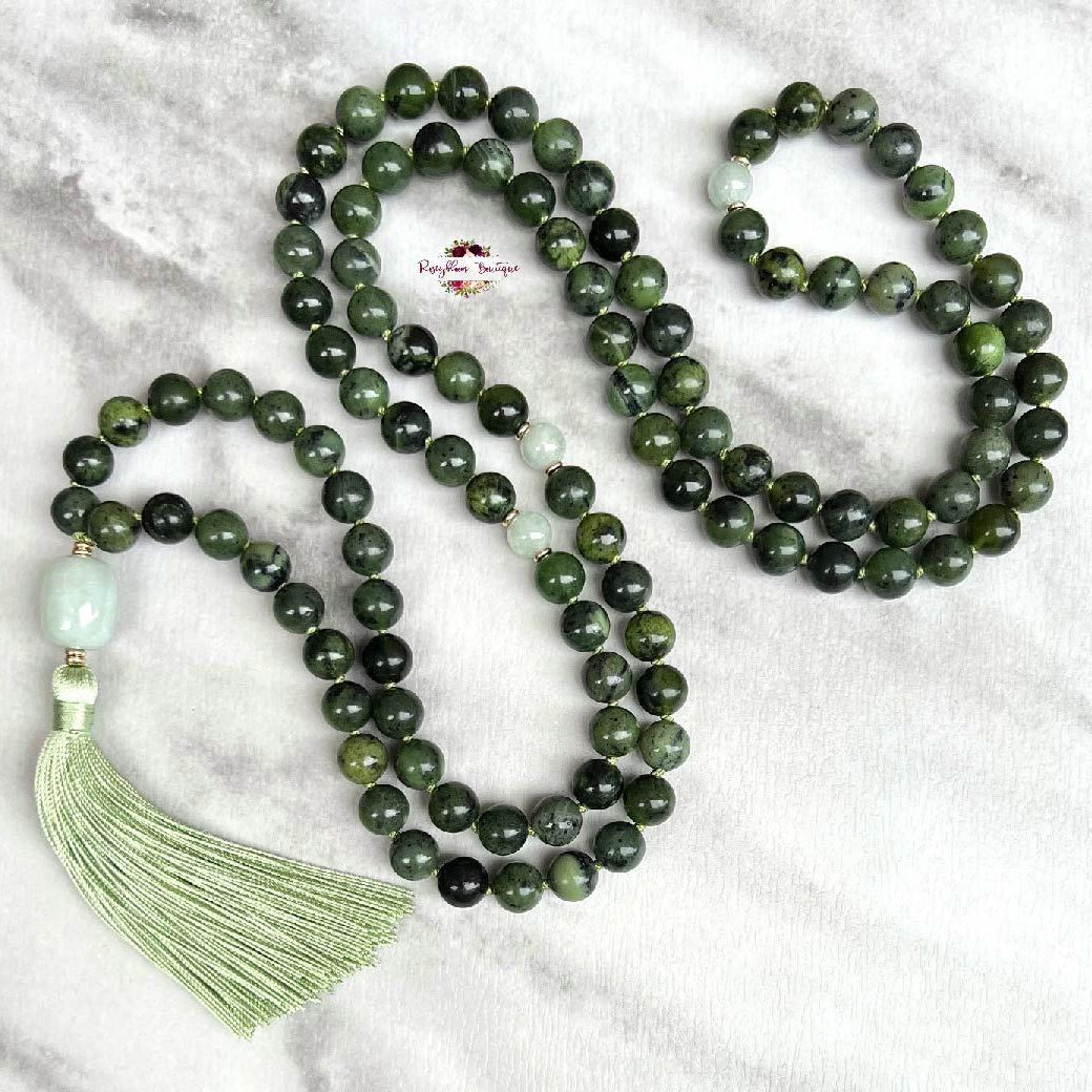 CANADIAN JADE & BURMA JADE MALA – 108 Beads, Hand-knotted, Grade A Natural Gemstones