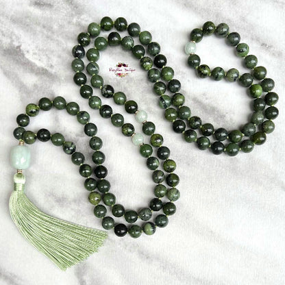 CANADIAN JADE & BURMA JADE MALA – 108 Beads, Hand-knotted, Grade A Natural Gemstones
