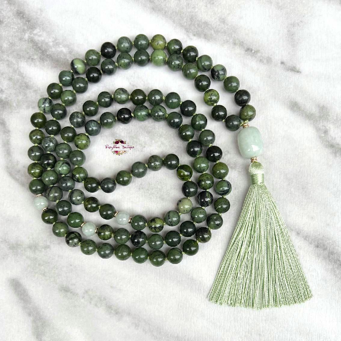 CANADIAN JADE & BURMA JADE MALA – 108 Beads, Hand-knotted, Grade A Natural Gemstones