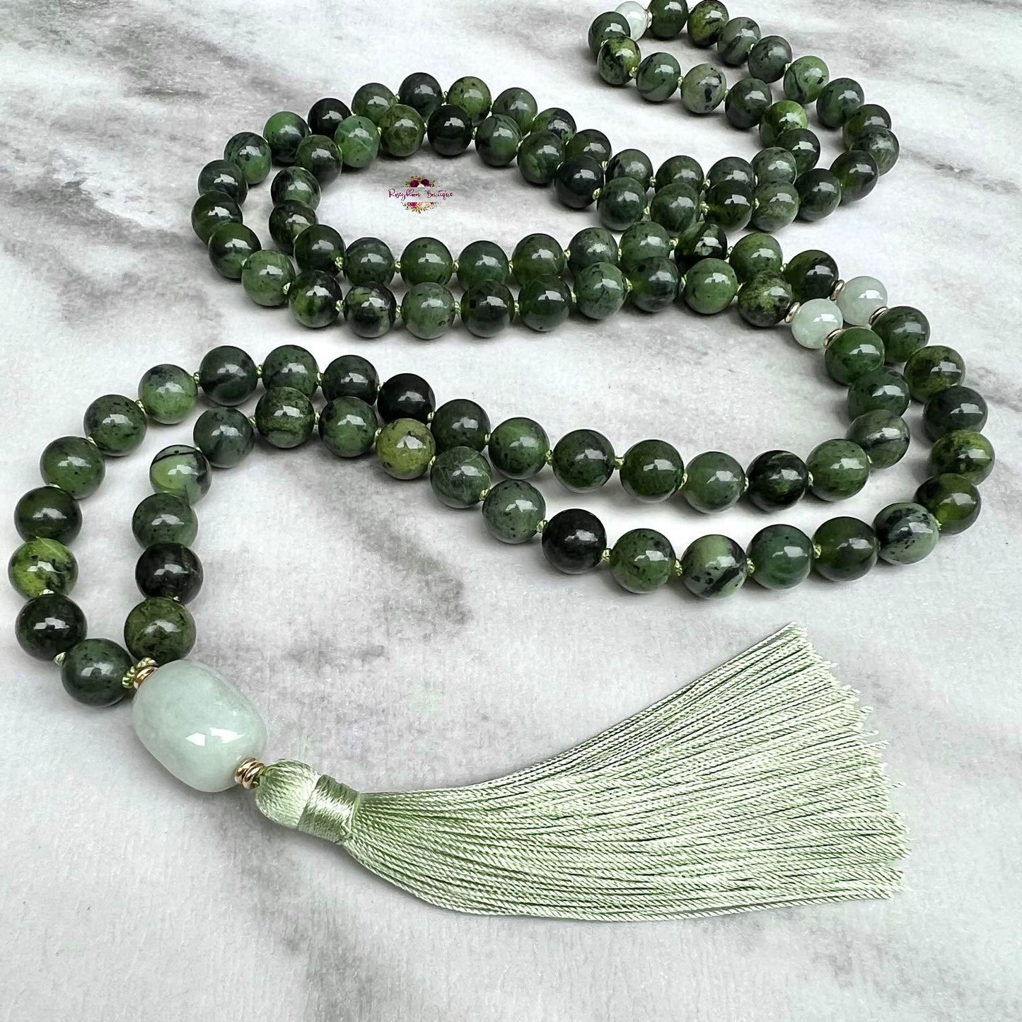 CANADIAN JADE & BURMA JADE MALA – 108 Beads, Hand-knotted, Grade A Natural Gemstones