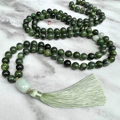 CANADIAN JADE & BURMA JADE MALA – 108 Beads, Hand-knotted, Grade A Natural Gemstones