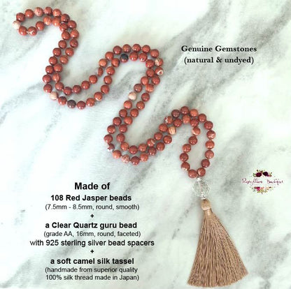 RED JASPER MALA | 108 Beads, Hand-knotted, Grade A Natural Gemstone Necklace with Clear Quartz Guru Bead
