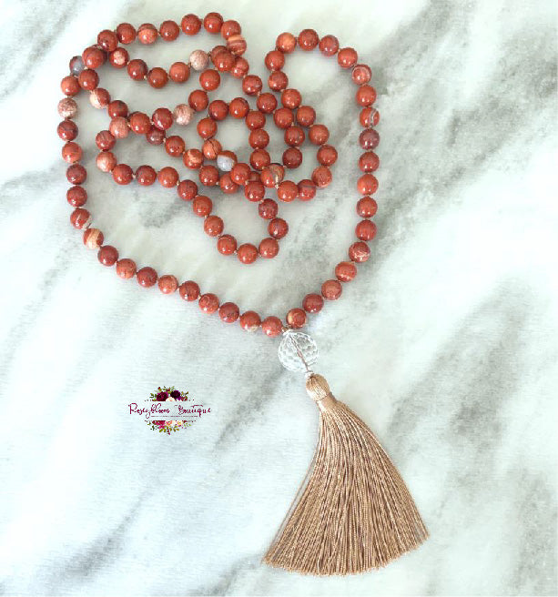 RED JASPER MALA | 108 Beads, Hand-knotted, Grade A Natural Gemstone Necklace with Clear Quartz Guru Bead