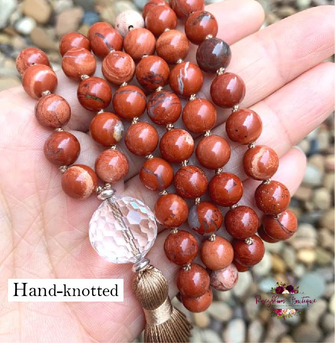 RED JASPER MALA | 108 Beads, Hand-knotted, Grade A Natural Gemstone Necklace with Clear Quartz Guru Bead