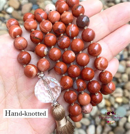 RED JASPER MALA | 108 Beads, Hand-knotted, Grade A Natural Gemstone Necklace with Clear Quartz Guru Bead