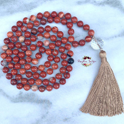 RED JASPER MALA | 108 Beads, Hand-knotted, Grade A Natural Gemstone Necklace with Clear Quartz Guru Bead