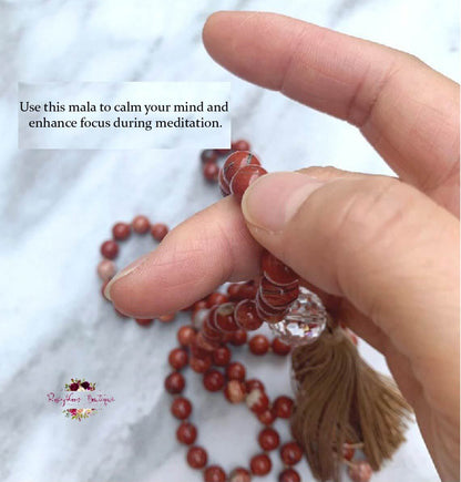 RED JASPER MALA | 108 Beads, Hand-knotted, Grade A Natural Gemstone Necklace with Clear Quartz Guru Bead