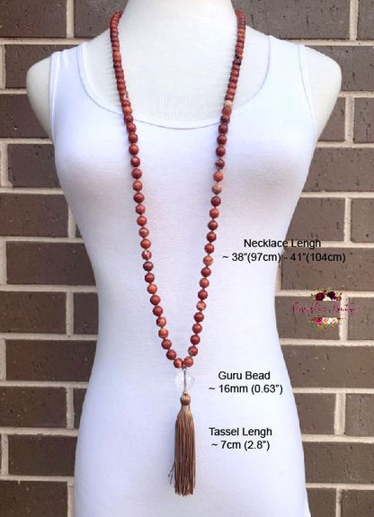 RED JASPER MALA | 108 Beads, Hand-knotted, Grade A Natural Gemstone Necklace with Clear Quartz Guru Bead