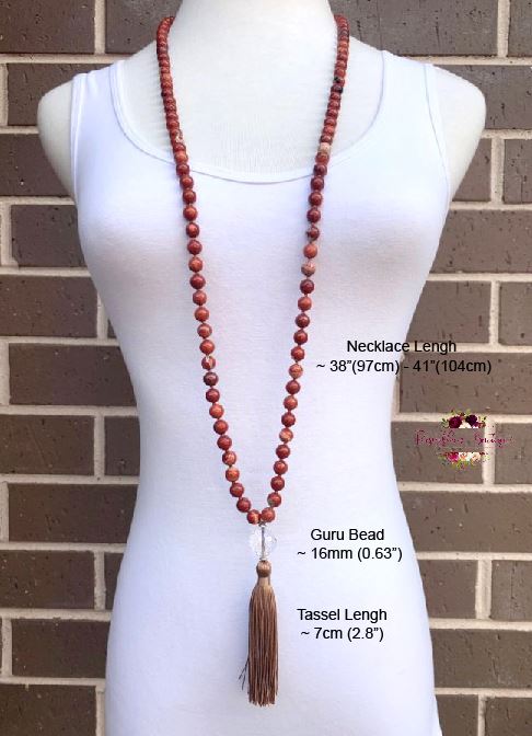 RED JASPER MALA | 108 Beads, Hand-knotted, Grade A Natural Gemstone Necklace with Clear Quartz Guru Bead