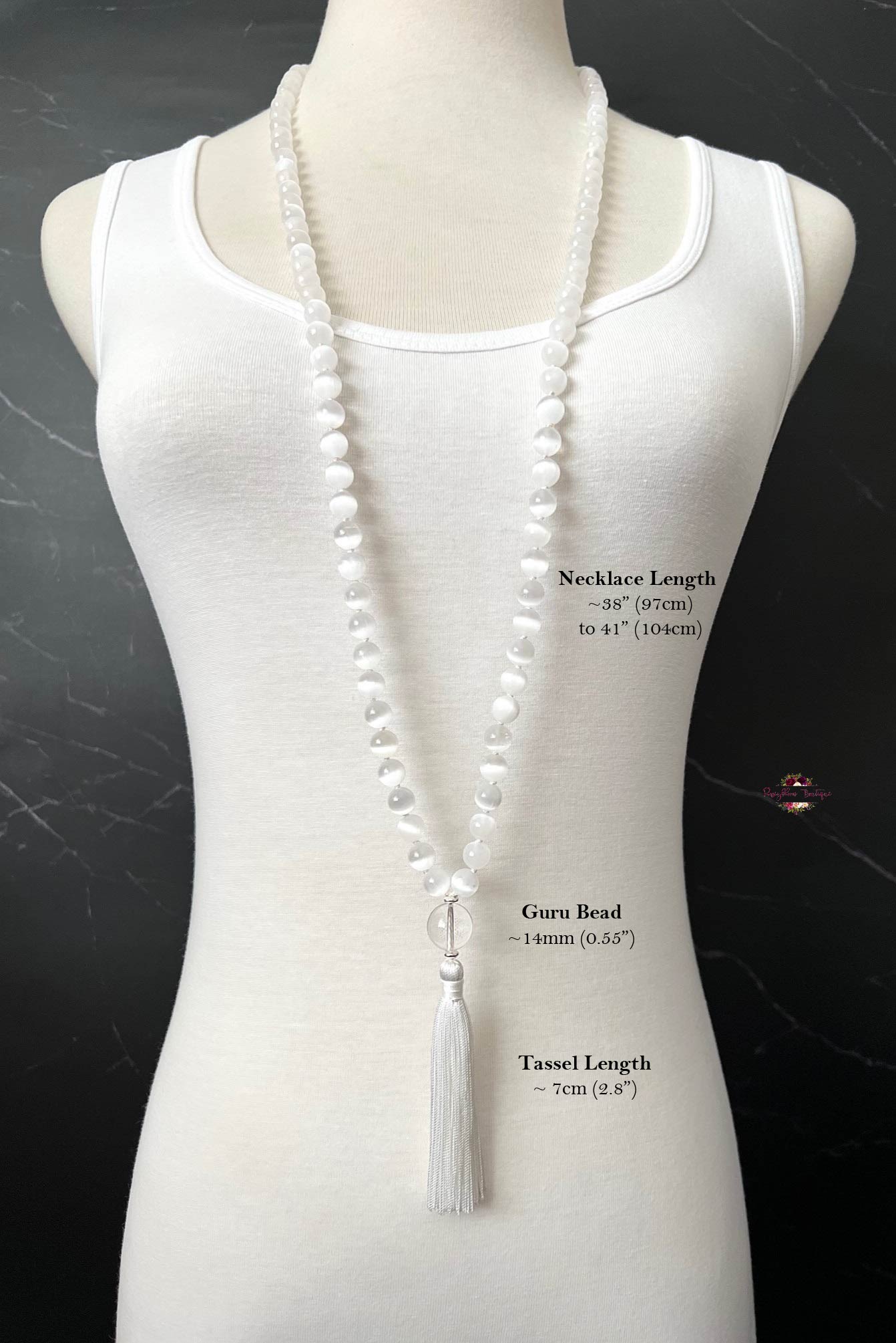 WHITE SELENITE MALA | 108 Beads, Hand-knotted, Grade AAA Natural Gemstone Necklace with Clear Quartz Guru Bead