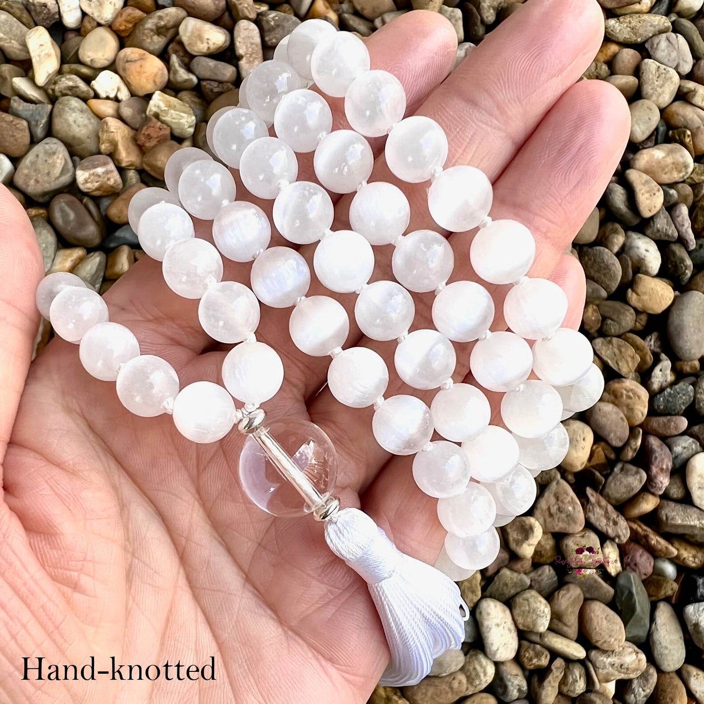 WHITE SELENITE MALA | 108 Beads, Hand-knotted, Grade AAA Natural Gemstone Necklace with Clear Quartz Guru Bead