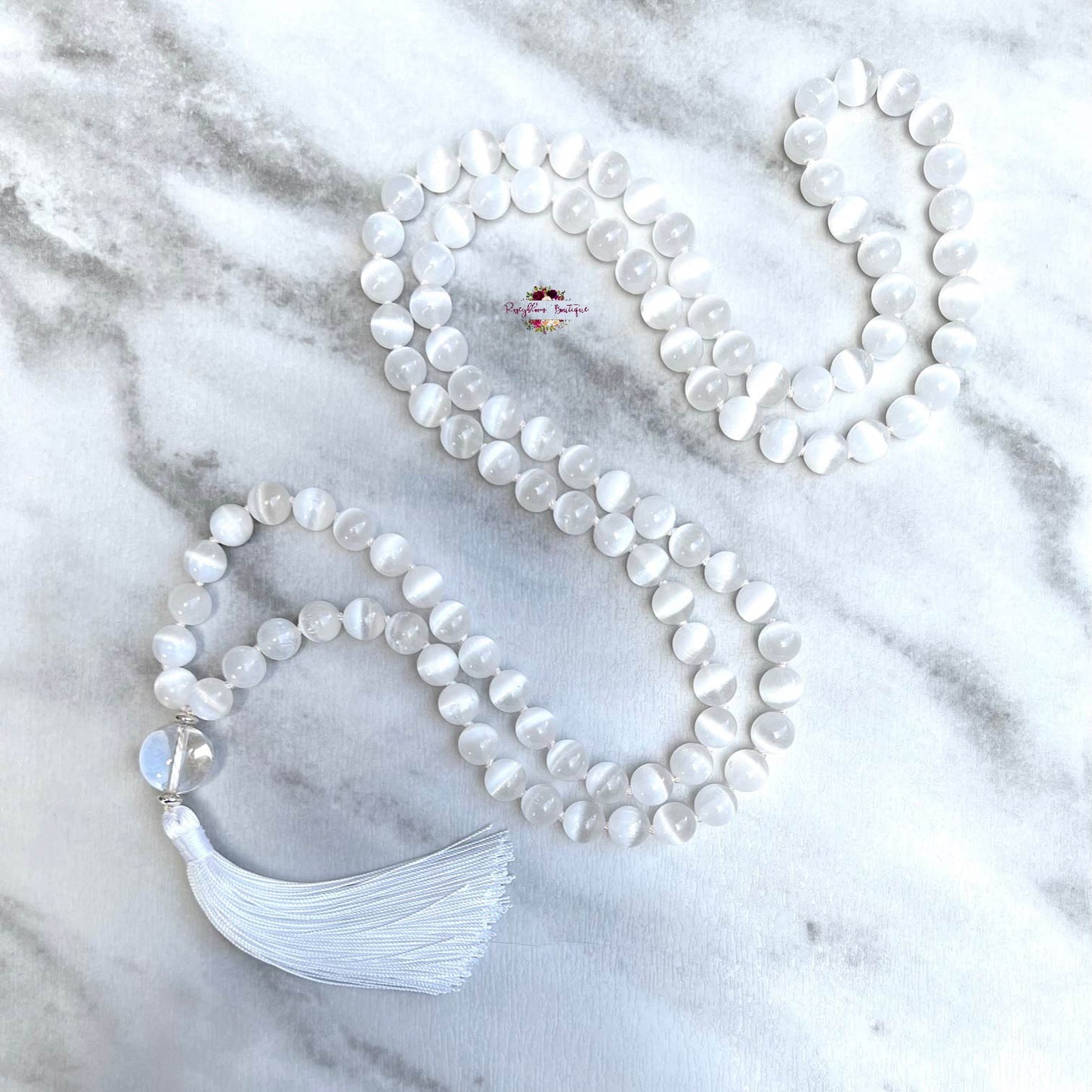 WHITE SELENITE MALA | 108 Beads, Hand-knotted, Grade AAA Natural Gemstone Necklace with Clear Quartz Guru Bead