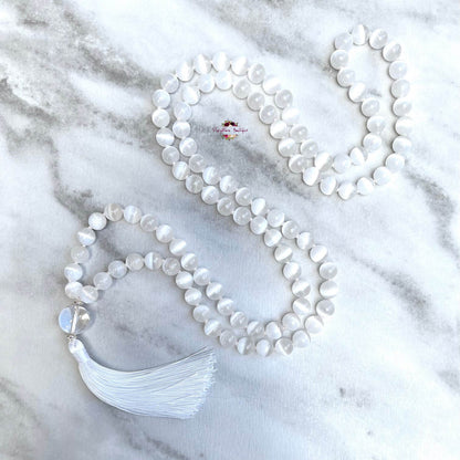 WHITE SELENITE MALA | 108 Beads, Hand-knotted, Grade AAA Natural Gemstone Necklace with Clear Quartz Guru Bead