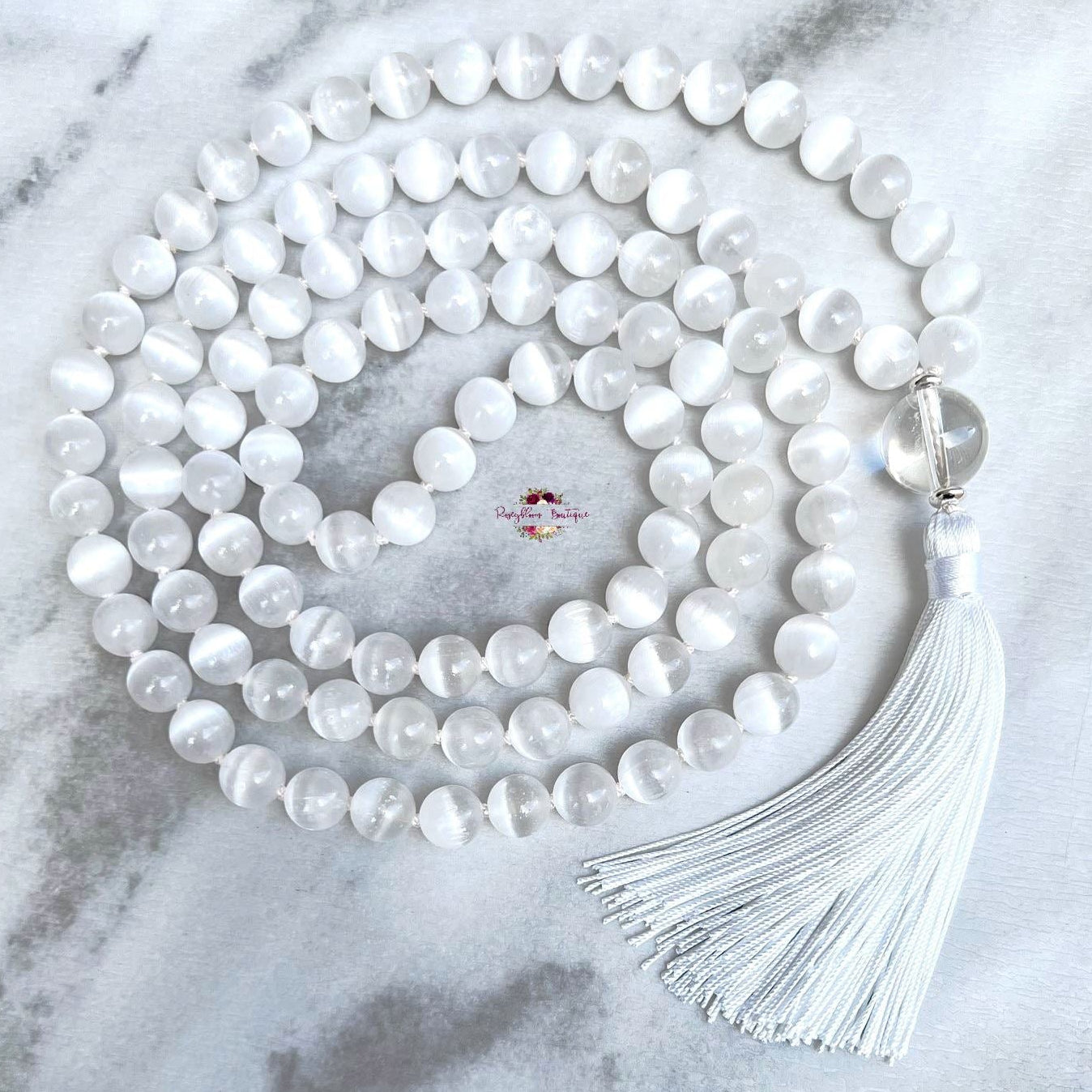 WHITE SELENITE MALA | 108 Beads, Hand-knotted, Grade AAA Natural Gemstone Necklace with Clear Quartz Guru Bead