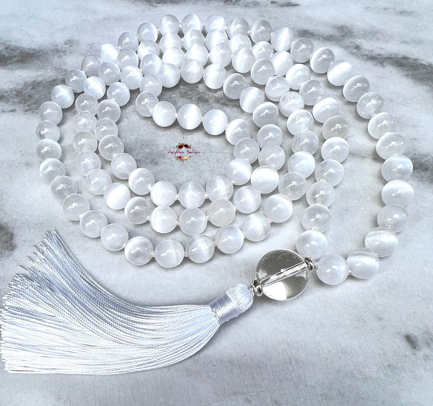 WHITE SELENITE MALA | 108 Beads, Hand-knotted, Grade AAA Natural Gemstone Necklace with Clear Quartz Guru Bead