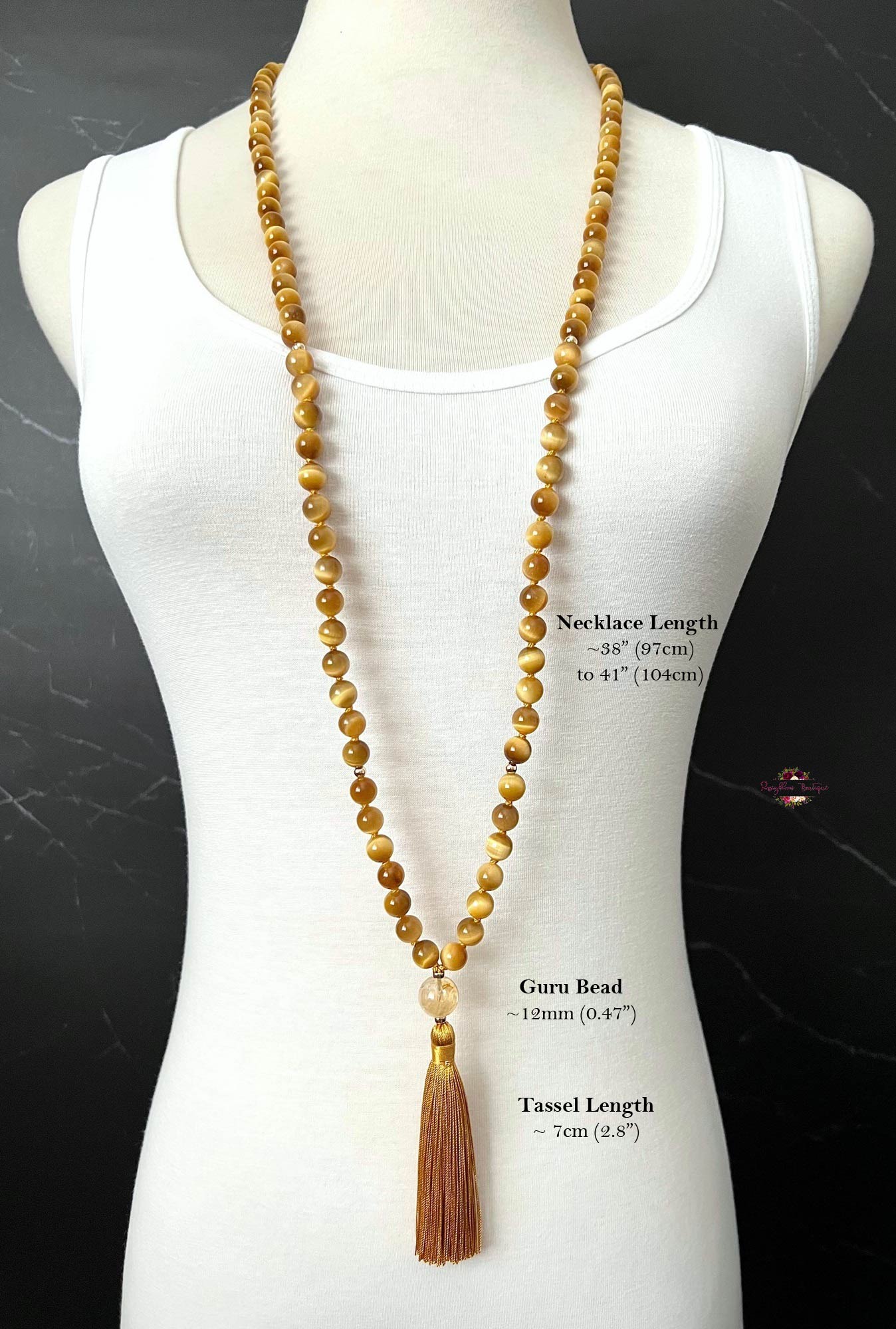 HONEY TIGER EYE MALA | 108 Beads, Hand-knotted, Grade AA Natural Gemstone Necklace with Citrine Guru Bead