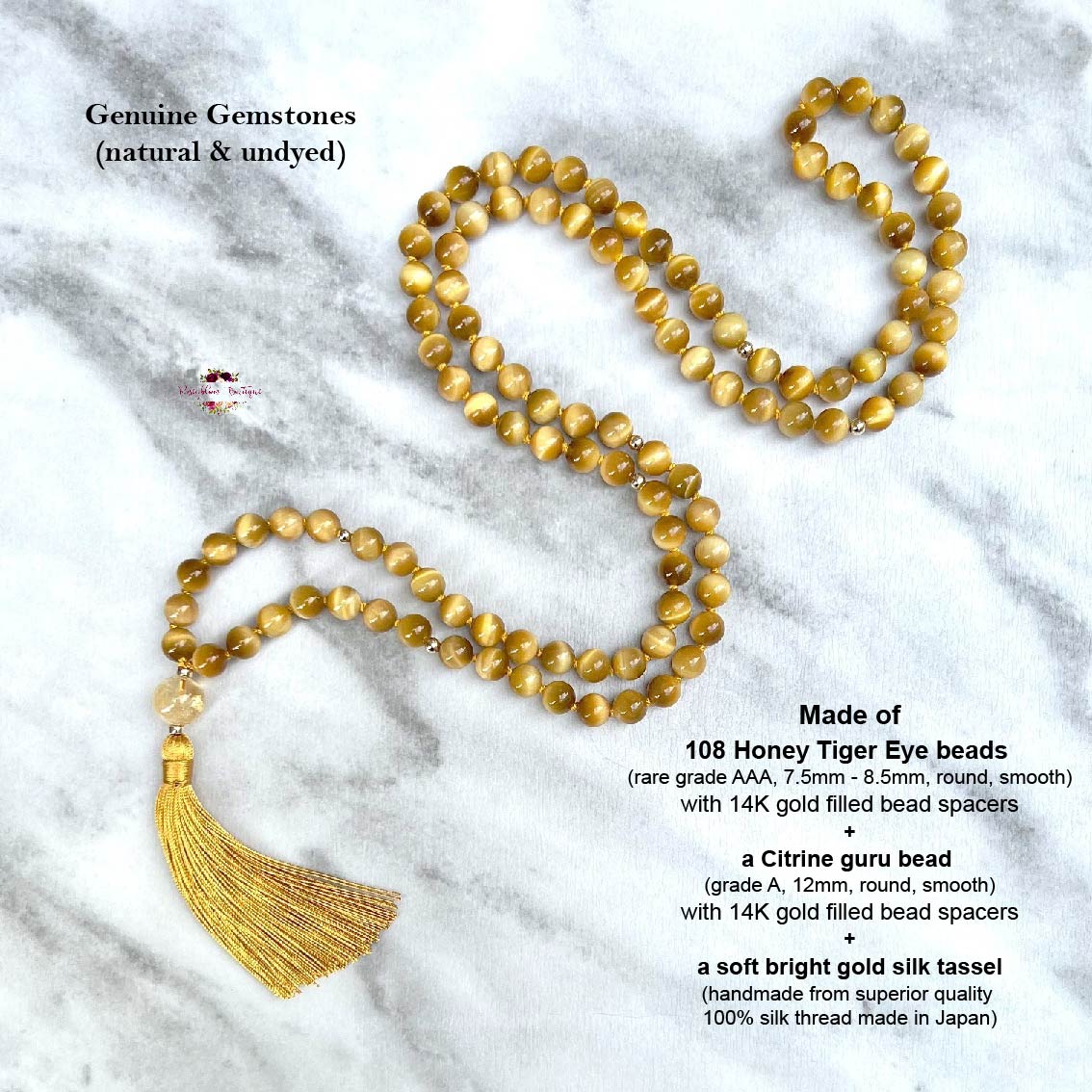HONEY TIGER EYE MALA | 108 Beads, Hand-knotted, Grade AA Natural Gemstone Necklace with Citrine Guru Bead