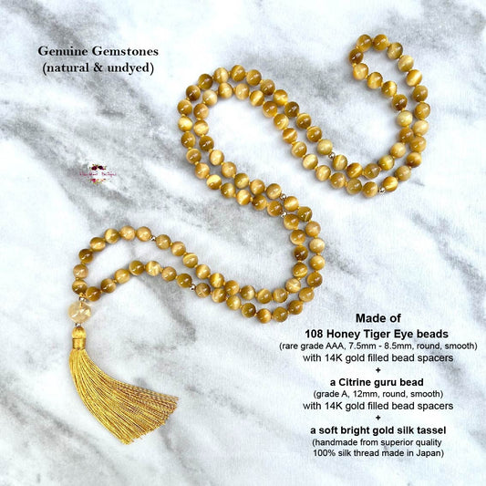 HONEY TIGER EYE MALA | 108 Beads, Hand-knotted, Grade AA Natural Gemstone Necklace with Citrine Guru Bead