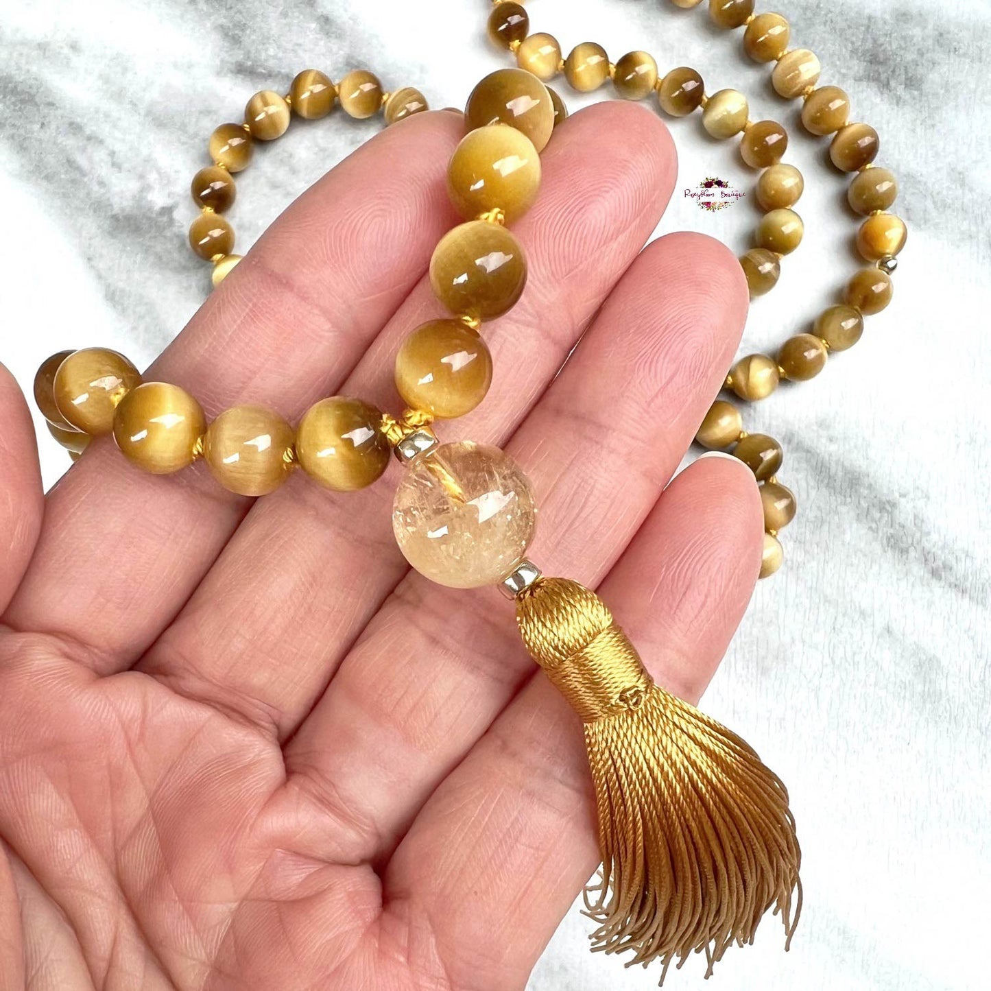 HONEY TIGER EYE MALA | 108 Beads, Hand-knotted, Grade AA Natural Gemstone Necklace with Citrine Guru Bead