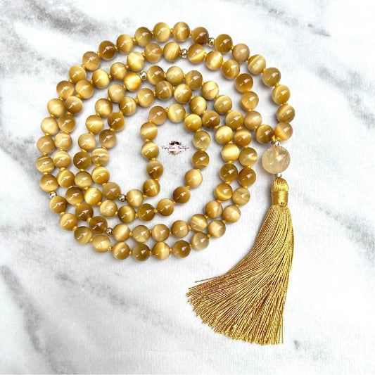 HONEY TIGER EYE MALA | 108 Beads, Hand-knotted, Grade AA Natural Gemstone Necklace with Citrine Guru Bead