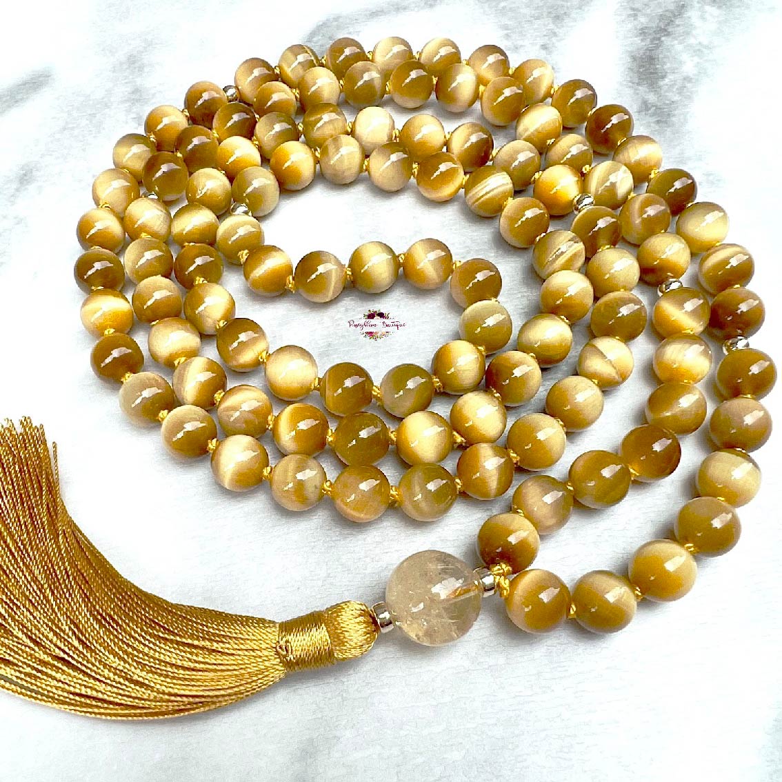 HONEY TIGER EYE MALA | 108 Beads, Hand-knotted, Grade AA Natural Gemstone Necklace with Citrine Guru Bead