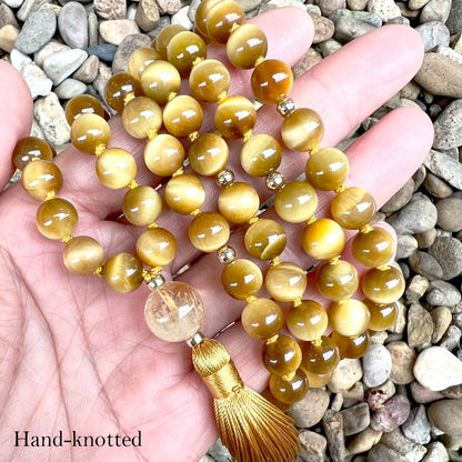 HONEY TIGER EYE MALA | 108 Beads, Hand-knotted, Grade AA Natural Gemstone Necklace with Citrine Guru Bead