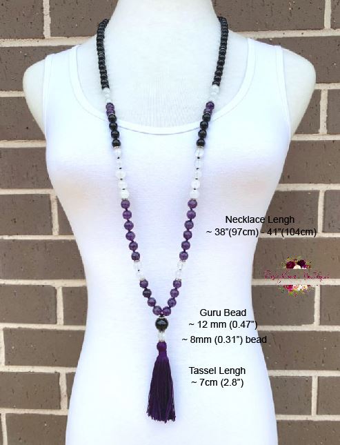 PROTECTION & ENERGY SHIELDING MALA | 108 Beads, Hand-knotted, Grade A and AA, Black Tourmaline, Black Obsidian, Selenite and Amethyst Natural Gemstone Necklace