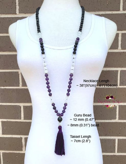 PROTECTION & ENERGY SHIELDING MALA | 108 Beads, Hand-knotted, Grade A and AA, Black Tourmaline, Black Obsidian, Selenite and Amethyst Natural Gemstone Necklace