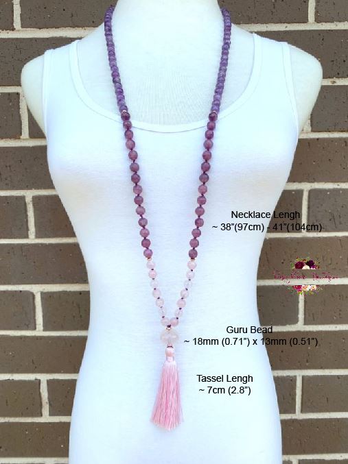 STRESS & ANXIETY RELIEF MALA | 108 Beads, Hand-knotted, Grade A, Natural Lepidolite, Amethyst and Rose Quartz Gemstones Necklace